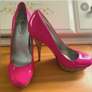 GUESS PATENT LEATHER HOT PINK CORK HEELS 👠 OFFERS EXCEPTED